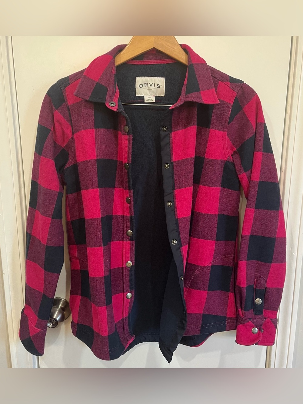 Preloved Orvis Hot Pink & Navy Buffalo Plaid Snap-Front Shirt Fleece Line Jacket